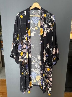 Chelsea28 Black Floral Open-Front Kimono with Yellow & Lavender Accents